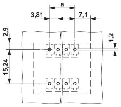 Dessin technique avec dimensions : Largeur 3,81 mm, 7,1 mm ; Hauteur 15,24 mm, 2,9 mm, 1,2 mm. Représente une vue de composant tournée avec deux rangées.