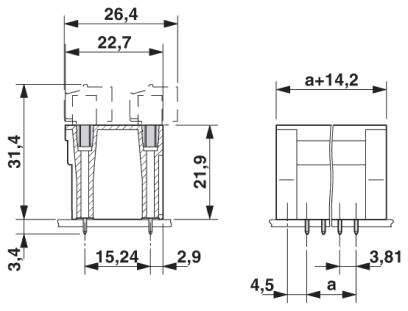 Diagramme d'un composant électronique avec dimensions : hauteur 31,4, largeur 26,4, profondeur 22,7 millimètres. Vue latérale montrant une longueur de broche de 3,81.