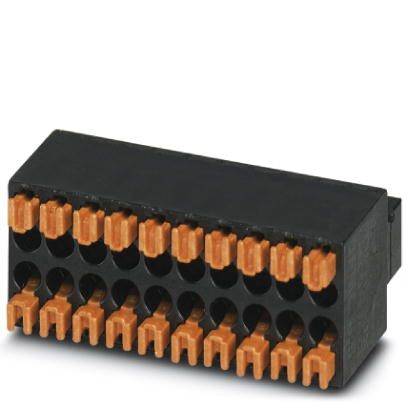 Bloc de connecteurs noir et cuivré à plusieurs broches, utilisé pour les connexions électriques dans les appareils électroniques.