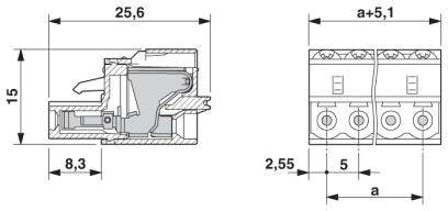 Dessin technique d'une connexion électrique à bornes avec dimensions : largeur 25,6 mm, hauteur 15 mm, profondeur 8,3 mm, distance supplémentaire 5,1 mm.