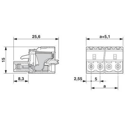 Dessin technique d'une connexion électrique à bornes avec dimensions : largeur 25,6 mm, hauteur 15 mm, profondeur 8,3 mm, distance supplémentaire 5,1 mm.