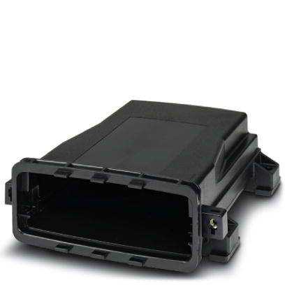 Boîtier électronique noir rectangulaire, ouvert à une extrémité, utilisé pour protéger les composants électroniques.