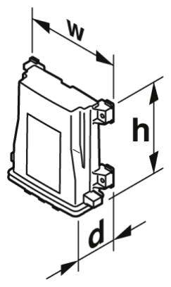 Dessin technique en noir et blanc représentant un objet rectangulaire avec les dimensions 'w', 'h' et 'd' pour largeur, hauteur et profondeur.