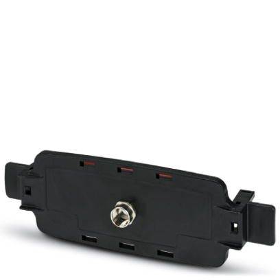 Un objet en plastique noir de forme rectangulaire, avec un filetage central et des ouvertures de fixation sur les côtés.