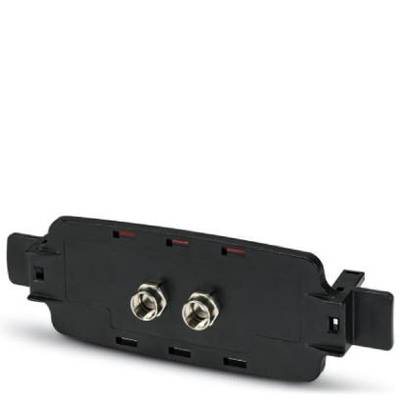 Boîtier en plastique noir avec deux connecteurs métalliques, probablement un élément d'un appareil électrique ou un composant de connexion.