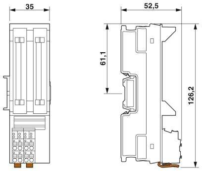 Schéma des dimensions d'un appareil électrique : Hauteur 126,2 mm, Largeur 35 mm, Profondeur 52,5 mm. Présente une vue de face et une vue latérale.