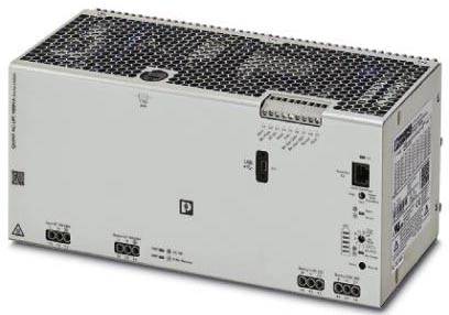 Alimentation industrielle de forme rectangulaire avec plusieurs bornes de connexion et marquages de sécurité. Le dessus présente un design en grille.