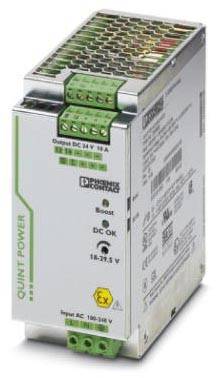 Unité d'alimentation électrique avec connexions vertes et grises, nom de marque 'QUINT POWER', plage de tension de 100-240 V, sortie 24 V, 10 A.