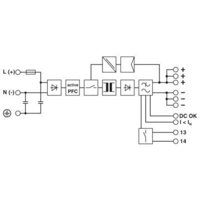 Diagramme d'un circuit avec PFC active, convertissant le courant alternatif en courant continu. Contient des symboles pour le transformateur, le redresseur et le filtre.
