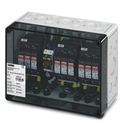 Boîte de distribution électrique avec plusieurs fusibles et connexions de câbles dans un boîtier transparent, montrant la structure interne et l'étiquetage.