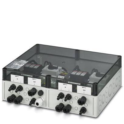 Un boîtier de distribution électrique gris-noir avec plusieurs connexions et deux éléments de commutation. Adapté aux applications industrielles.