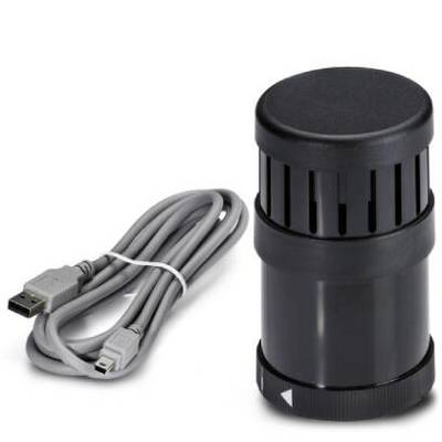 Un aspirateur de fumée USB noir cylindrique au design aéré, avec son câble USB assorti à côté.