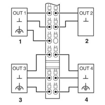 Schéma de connexion d'un système électrotechnique avec quatre sorties (OUT 1-4). Connexions et numérotation des bornes visibles.