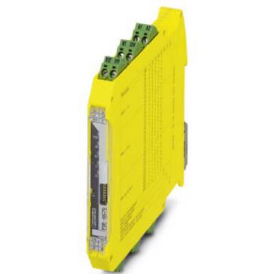 Un module électronique jaune avec plusieurs connecteurs verts, probablement utilisé comme relais de sécurité dans des applications industrielles.