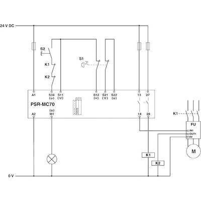Schéma de câblage d'un circuit de commande : Interrupteur principal S1, bouton-poussoir S2, relais K1 et K2, alimentation en courant continu 24V, module de fusibles FU.