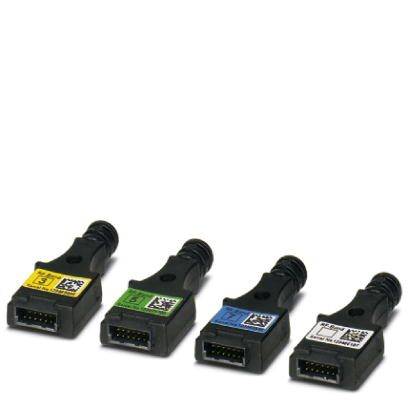 Quatre connecteurs de différentes couleurs : Jaune, Vert, Bleu, Noir, disposés en ligne, sur un fond blanc.