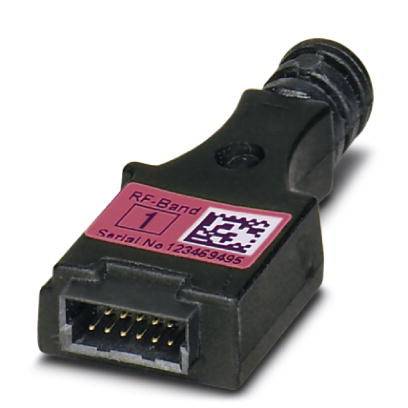 Connecteur RF noir avec étiquette rose, portant l'inscription 'Bande RF 1' et des codes-barres. Utilisé pour la transmission de données ou la connexion de signaux.