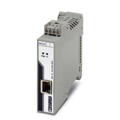 Module d'électronique industrielle avec connexion Ethernet, fentes de ventilation et voyants d'état, adapté à une utilisation dans les armoires électriques.