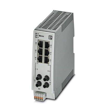Commutateur réseau industriel à huit ports Ethernet, pour montage sur rail DIN, adapté aux environnements difficiles.