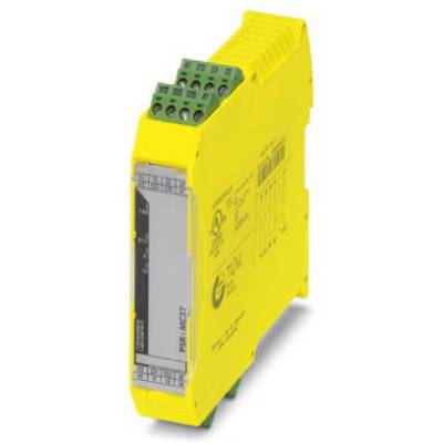 Module de relais de sécurité jaune avec des bornes enfichables vertes en haut, accompagné d'informations de certification et techniques.