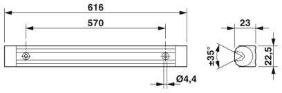 Dessin au trait d'un objet linéaire avec dimensions : longueur totale de 616 mm, 570 mm entre supports, diamètre de 4,4 mm, inclinaison ±35°.