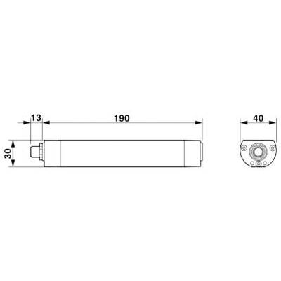 Schéma d'un objet cylindrique avec dimensions : longueur 190 mm, largeur 30 mm, zone de raccordement large de 40 mm.