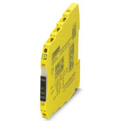 Module de relais de sécurité électronique jaune avec plusieurs connexions pour applications industrielles.