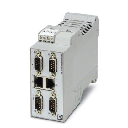 Un appareil de communication industriel doté de deux ports Ethernet et de plusieurs ports série pour la connexion et le transfert de données.
