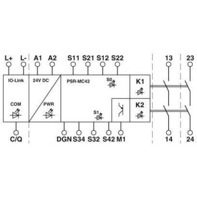 Schéma de câblage d'un dispositif technique avec IO-Link, 24V DC, deux circuits K1 et K2, et plusieurs points de connexion et LED.