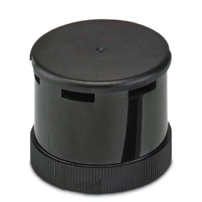 Un couvercle noir en plastique cylindrique avec des fentes d'aération, probablement partie intégrante d'un plus grand bouchon de récipient.