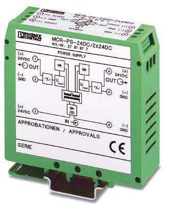 Un module d'alimentation Phoenix Contact vert portant la désignation 'MCR-PS-24DC/2x24DC', montrant des schémas de câblage et le marquage CE.