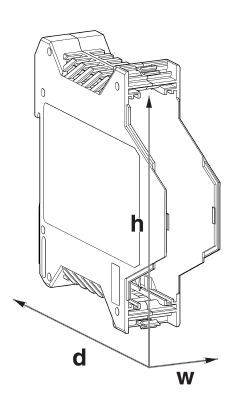 Dessin technique d'un appareil électrique, indiquant la hauteur (h), la largeur (l) et la profondeur (p). Appareil conçu pour un montage sur rail DIN.