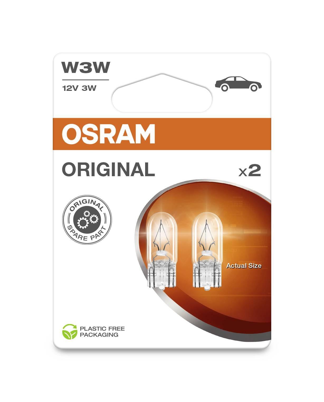 Emballage pour deux lampes de rechange originales OSRAM W3W. En haut à gauche '12V 3W', à côté un symbole automobile. Emballage écologique.