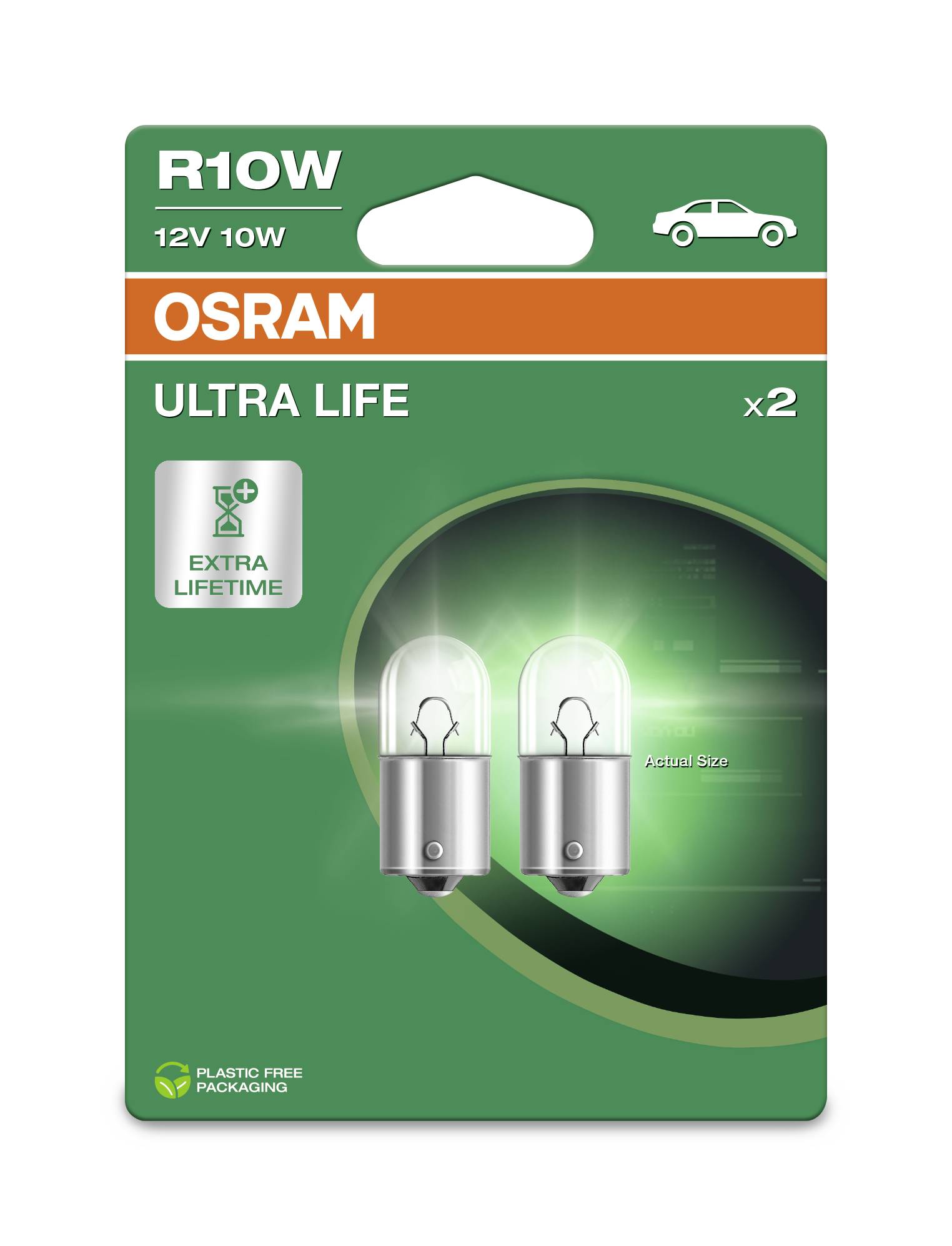 Emballage pour ampoules auto OSRAM ULTRA LIFE, type R10W, 12V 10W. Contient deux ampoules avec la caractéristique 'Durée de vie extra'.