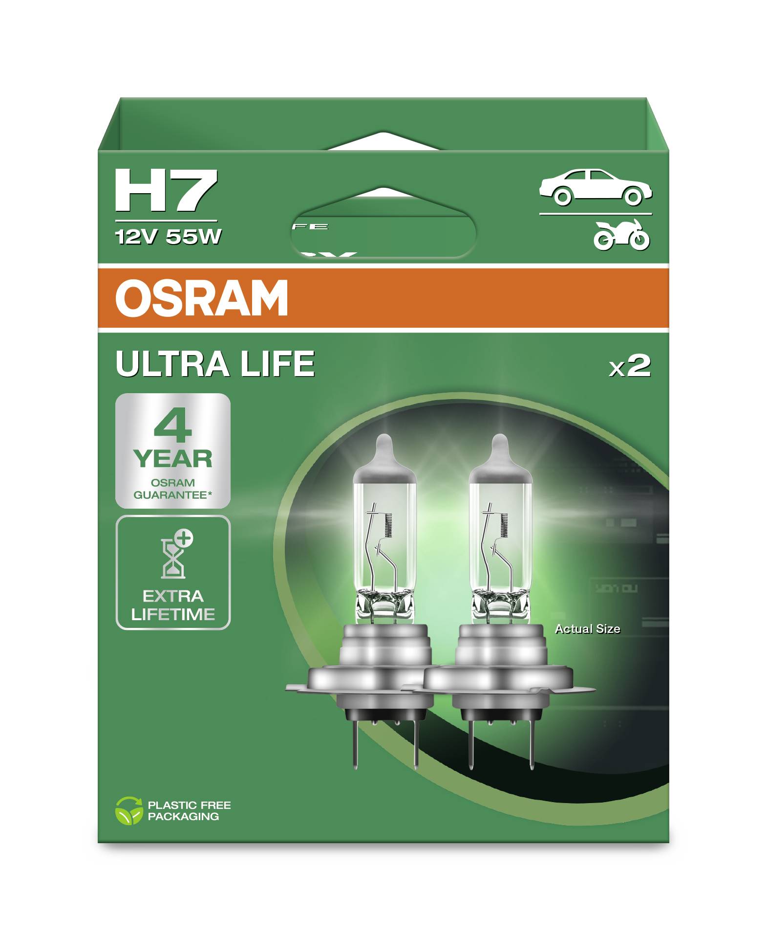 Un emballage vert portant l'inscription 'OSRAM ULTRA LIFE'. Contient deux ampoules H7 12V 55W pour automobile avec 4 ans de garantie.