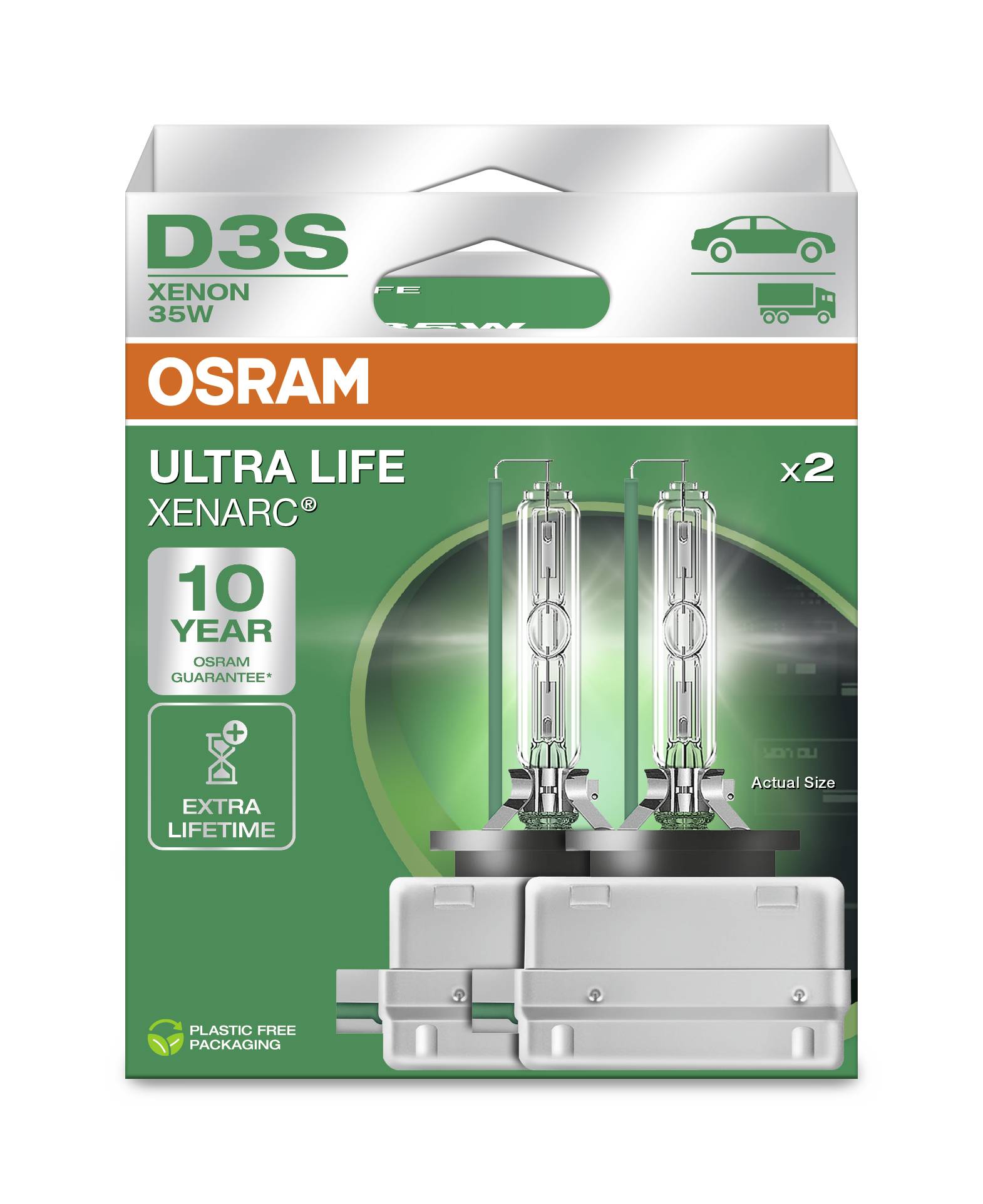 'Emballage d'ampoule : OSRAM Xenarc D3S Ultra Life, 35W, garantie 10 ans, lot de 2, emballage sans plastique, illustration des ampoules à taille réelle.'