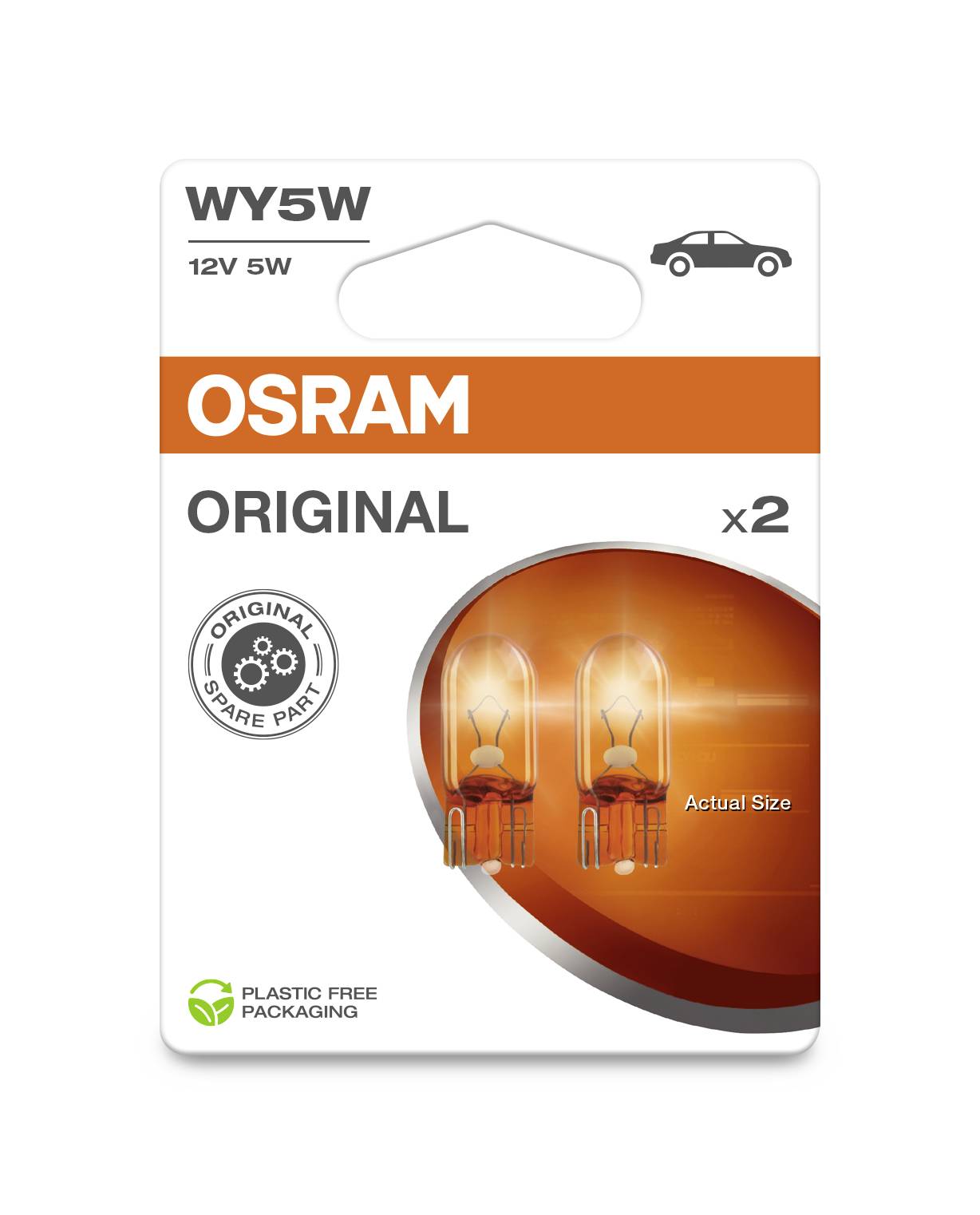 'OSRAM ORIGINAL WY5W 12V 5W' Ampoules auto, lot de 2, emballage sans plastique, pièce de rechange, avec symboles de voiture et de lampe sur l'emballage.