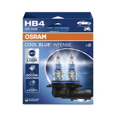 Deux lampes halogènes dans un emballage. Description : 'OSRAM COOL BLUE INTENSE', pour phares de voiture, effet lumineux bleuté accentué.