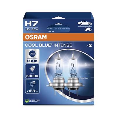 Un paquet bleu portant l'inscription 'OSRAM COOL BLUE INTENSE', montrant deux lampes halogènes H7 12V 55W, adaptées aux phares de voiture.