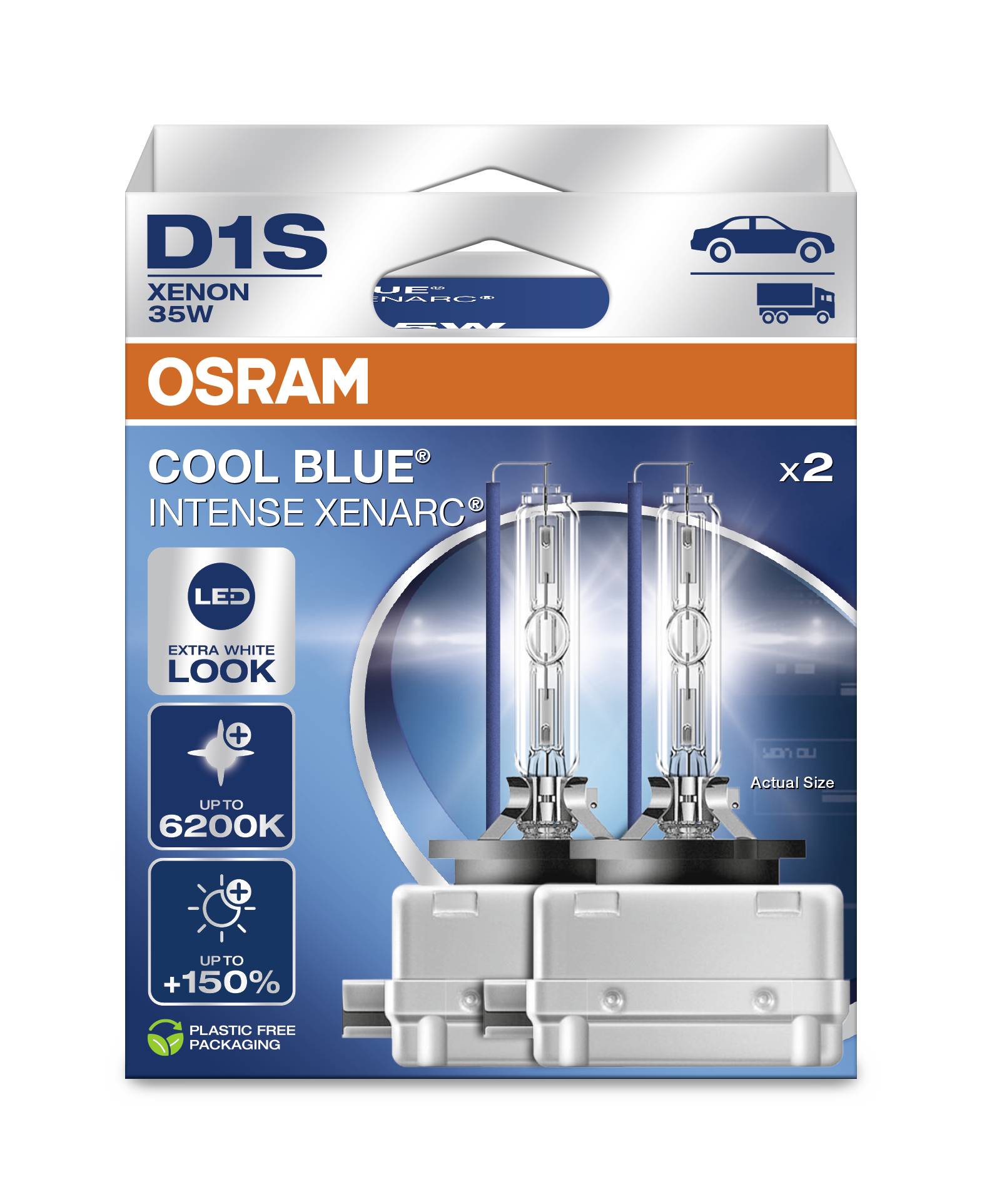 L'emballage présente des lampes automobiles 'OSRAM D1S Xenon 35W' avec 'Cool Blue Intense' pour un éclairage blanc extra, 6200K, et jusqu'à 150% de luminosité supplémentaire.