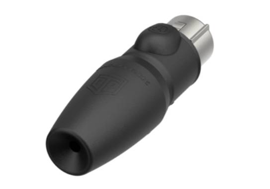 Un adaptateur XLR noir avec connexion métallique. Il est utilisé pour connecter des appareils audio.