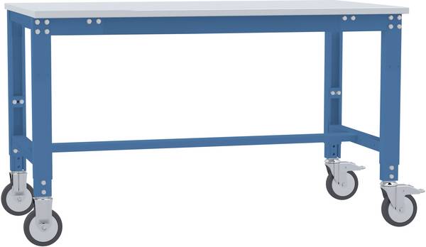 <br>  Manuflex<br>  AU7339.5007<br>  Table DE travail UNIVERSAL Spezial mobile avec plaque PVCPlace, L x P x H = 1250 x 800 x 752-972 mm<br>  <br>  bleu brillant (RAL 5007)<br>