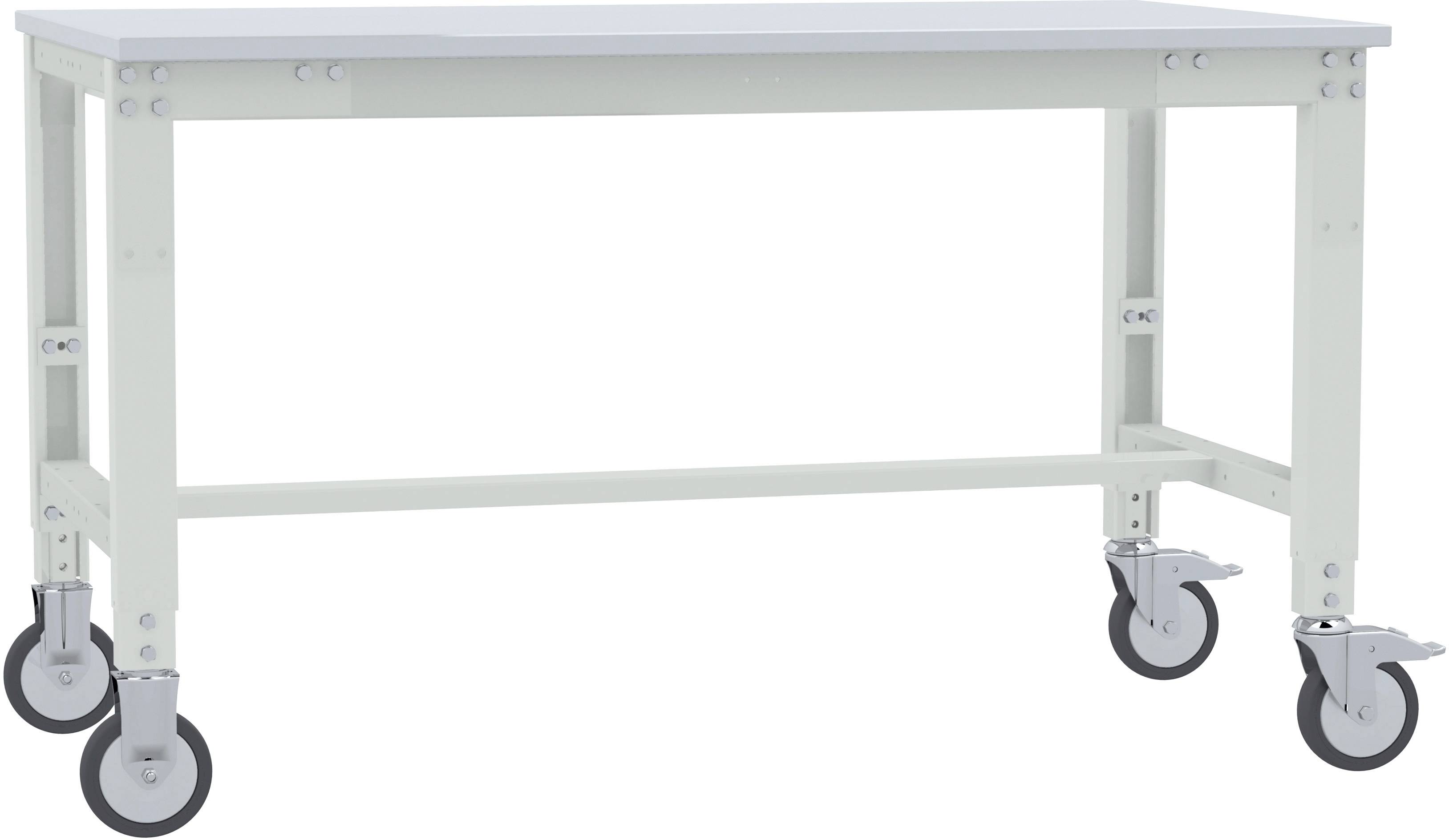 Table en métal à quatre roulettes, adapté pour les travaux d'atelier ou d'entrepôt. Construction robuste, facilement déplaçable grâce aux roues.