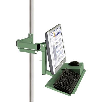 Support d'ordinateur vert avec moniteur, clavier et souris montés sur un rail vertical, idéal pour les espaces de travail compacts.