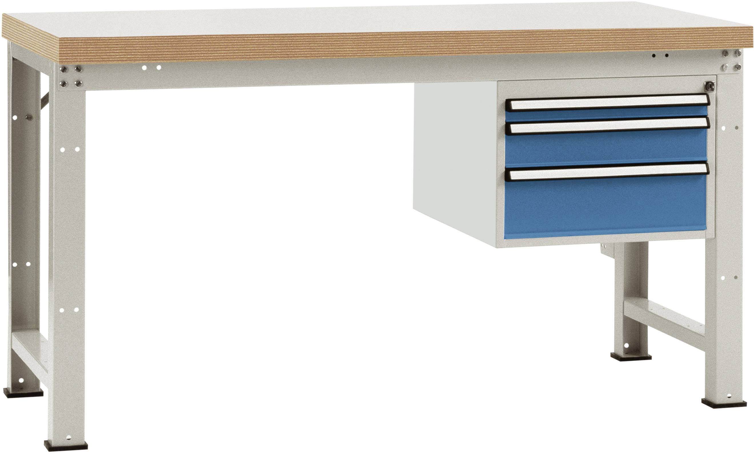 Table en métal avec un plateau en bois, trois tiroirs bleus sur le côté droit.