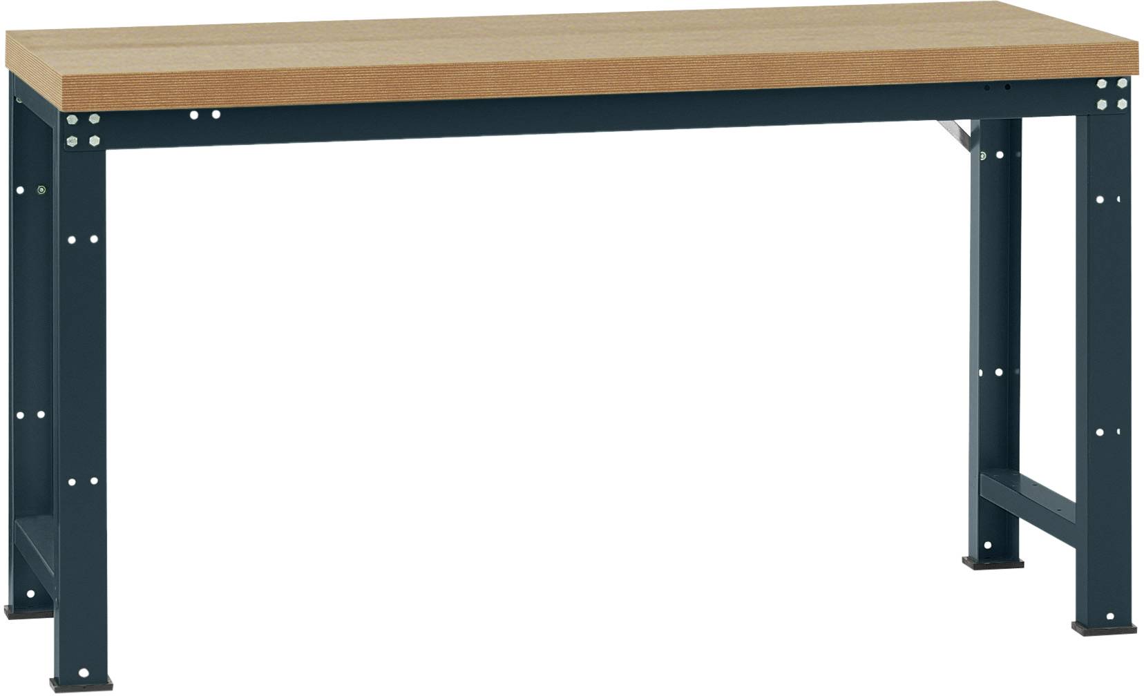 Une table rectangulaire avec un plateau en bois et des pieds solides en métal bleu foncé sur un fond blanc.