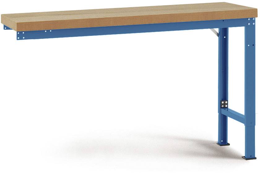 Un cadre de établi en métal bleu avec un plan de travail en bois naturel. La construction est solide et fonctionnelle.