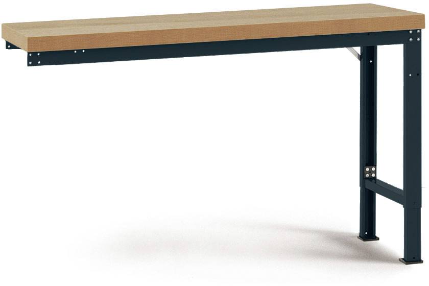 Une table de travail avec un plateau en bois clair et des pieds en métal sombre. Le châssis métallique est robuste et présente une structure simple et fonctionnelle.