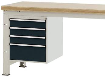 Un bureau avec des pieds en métal et un plateau en bois. Sur le côté gauche, quatre tiroirs sont disposés dans un ton foncé.