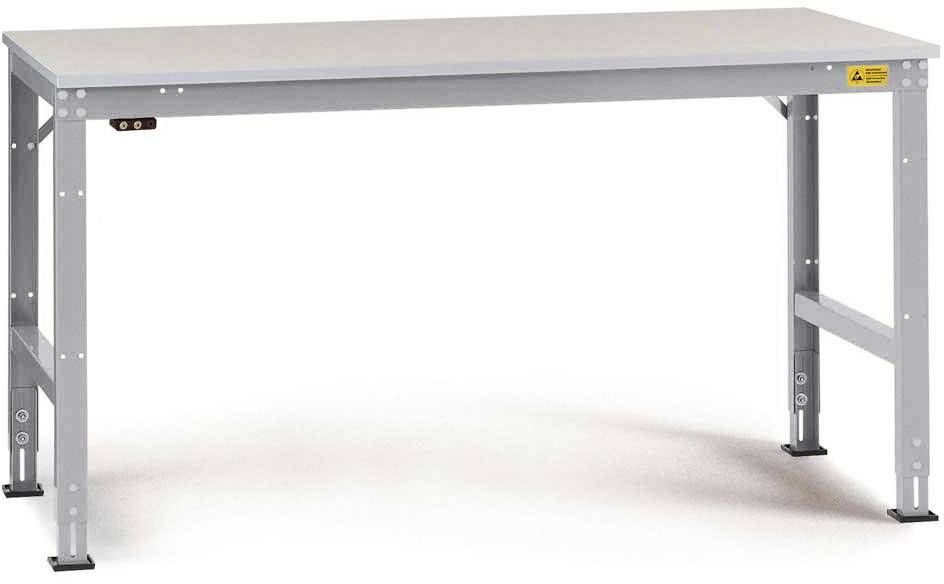 Table grise rectangulaire avec pieds en métal réglables, adaptée aux ateliers ou aux bureaux.